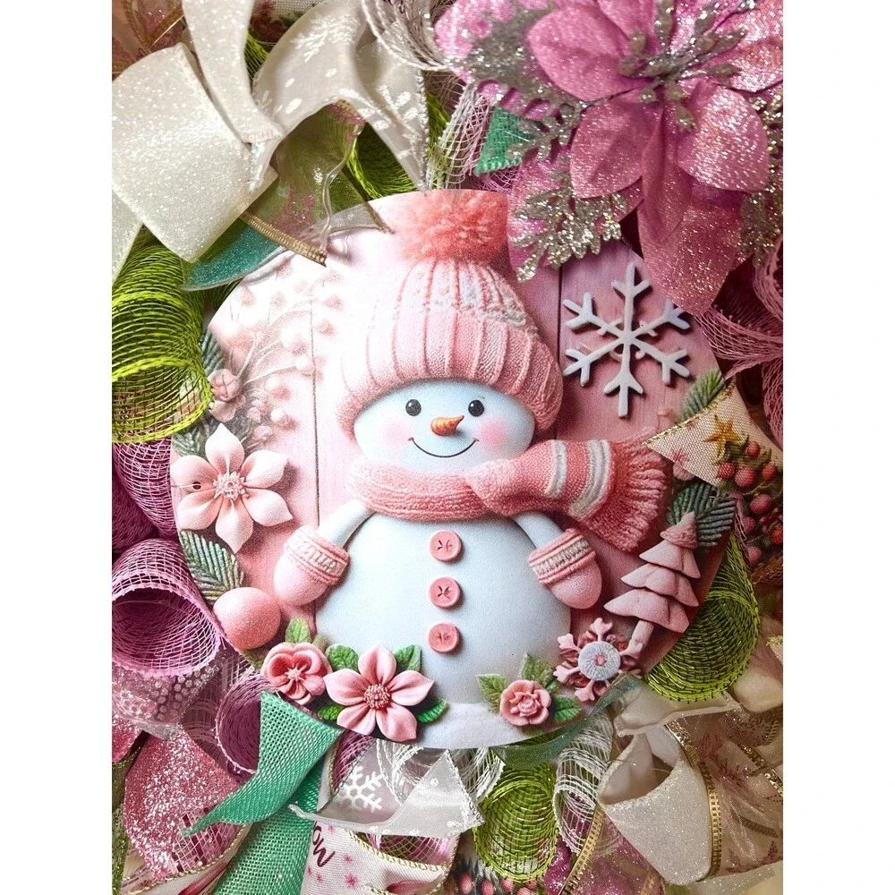 Handmade Pink Winter Snowman Holiday Ribbon Door Wreath 22 ins W81